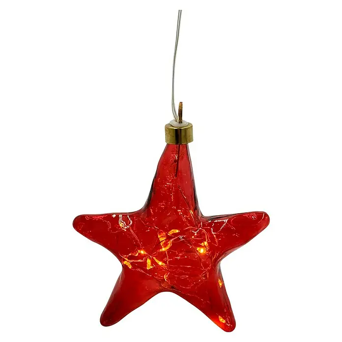 LED-Stern Organic - Durchmesser: 12 cm, Rot, Warmweiß - Nahaufnahme eines roten Sternförmigen Weihnachtsschmuckstücks mit warmen Lichtern im Inneren, hängend an einem feinen Faden.
