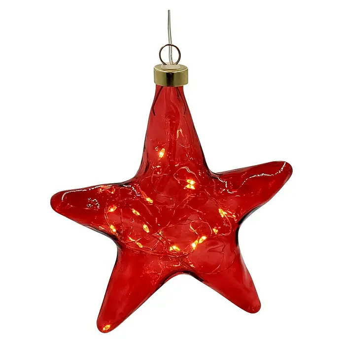 LED-Stern Organic - Durchmesser: 15 cm, Rot, Warmweiß - Roter Stern mit goldenem Aufhänger und eingebauten Lichtern, die eine festliche und warme Atmosphäre schaffen.