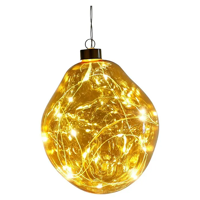 Glaskugel LED - Durchmesser: 15 cm, Amber, Warmweiß - Dekorative goldene Glühbirne mit warmweissen LED-Lichtern, hängt an einer silbernen Kordel. Perfekt für gemütliche Lichtakzente.
