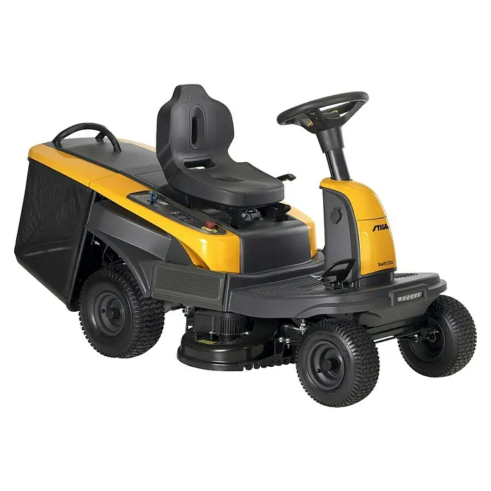 Stiga Akku-Aufsitzmäher SWIFT 372E - 48 V, 5 Ah - 20 Ah, Schnittbreite: 72 mm, Max. Flächenempfehlung: 1.600 m² - Der Stiga Swift 372e Aufsitzmäher in Gelb und Schwarz, ideal für effizientes Rasenmähen mit integriertem Fangkorb für saubere Ergebnisse.