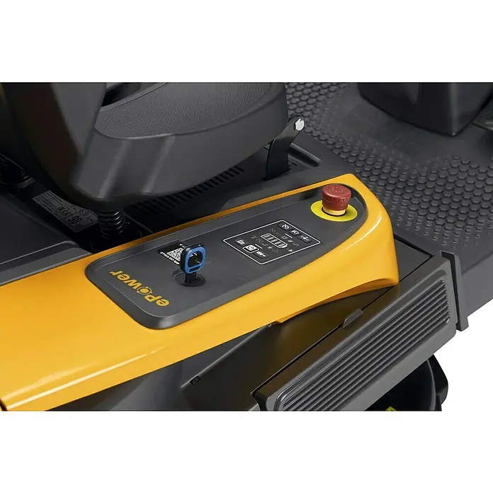 Stiga Akku-Aufsitzmäher SWIFT 372E - 48 V, 5 Ah - 20 Ah, Schnittbreite: 72 mm, Max. Flächenempfehlung: 1.600 m² - Detailaufnahme des Bedienfelds eines Stiga-Produkts, das einen Schlüssel, einen roten Knopf und Batterieanzeigen zeigt.