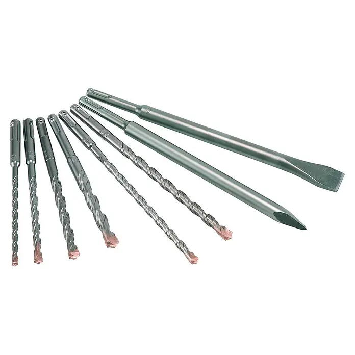 Alpen Bohrer-Set F4 - Durchmesser Bohrer: 8 mm - Abgebildet sind SDS-Plus-Bohrer unterschiedlicher Größe sowie Meißelaufsätze, die sich ideal für Bau- und Renovierungsarbeiten eignen.