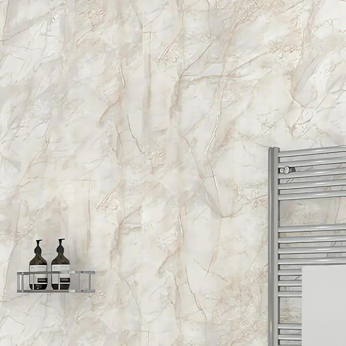 Wetwall Wandpaneel Elite - 16 x 242 cm, Himalayan Marble, Abgerundete Kante - Badezimmer mit Marmorwand, Handtuchwärmer und Ablage mit zwei stilvollen Seifenspendern.