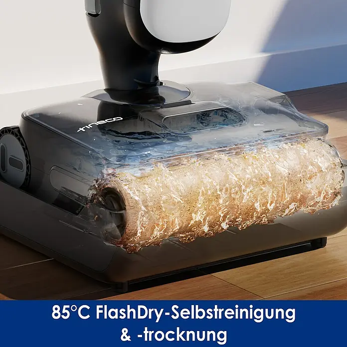 Tineco Akku-Nass-Trockensauger FLOOR ONE S9 Artist Premium - Saugkraft: 22.000 Pa, Akkulaufzeit: 50 min, Wassertankvolumen: 1 l - Detailansicht des Tineco Bodenreinigers mit Selbstreinigungsfunktion, der Schmutzwasser aufnimmt.