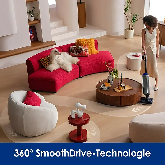 Tineco Akku-Nass-Trockensauger FLOOR ONE S9 Artist Premium - Saugkraft: 22.000 Pa, Akkulaufzeit: 50 min, Wassertankvolumen: 1 l - Das Bild zeigt einen innovativen Staubsauger mit 360° SmoothDrive-Technologie in einem stilvollen Wohnzimmer.