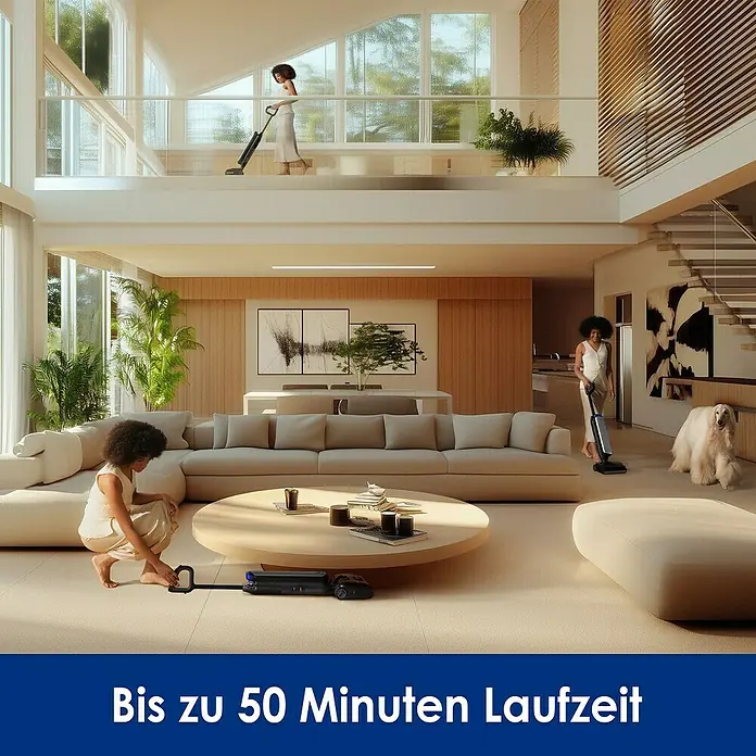 Tineco Akku-Nass-Trockensauger FLOOR ONE S9 Artist Premium - Saugkraft: 22.000 Pa, Akkulaufzeit: 50 min, Wassertankvolumen: 1 l - Das Bild zeigt eine elegante Haushälfte mit mehreren Personen, die einen Staubsauger benutzen. Der Staubsauger ist kabellos und hat eine Laufzeit von bis zu 50 Minuten.