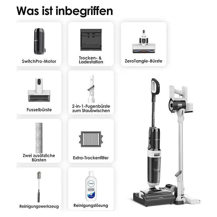 Tineco Akku-Nass-Trockensauger FLOOR ONE Switch S6 Stretch Plus - Saugkraft: 21.000 Pa, Akkulaufzeit: 40 min - 65 min, Wassertankvolumen: 0,8 l - Enthaltene Teile: SwitchPro-Motor, Trocken- und Ladestation, ZeroTangle-Bürste, Fusselbürste, 2-in-1-Fugenbürste, zusätzliche Bürsten und Reinigungswerkzeuge.