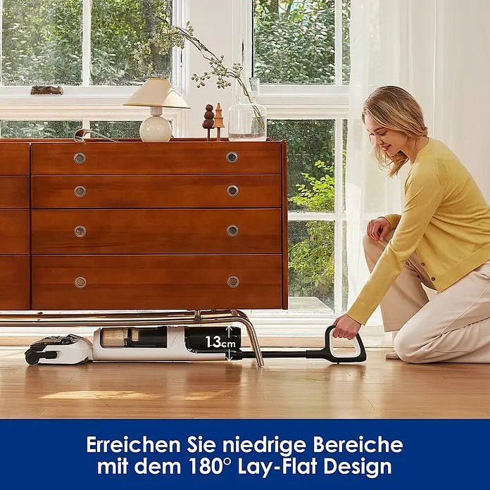 Tineco Akku-Nass-Trockensauger FLOOR ONE Switch S6 Stretch Plus - Saugkraft: 21.000 Pa, Akkulaufzeit: 40 min - 65 min, Wassertankvolumen: 0,8 l - Kabelloser Staubsauger mit flachem Design. Müheloses Reinigen unter Möbeln dank des 180°-Lay-Flat-Designs für schwer zugängliche Bereiche.