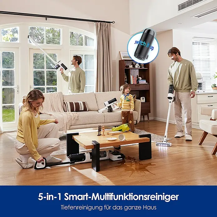 Tineco Akku-Nass-Trockensauger FLOOR ONE Switch S6 Stretch Plus - Saugkraft: 21.000 Pa, Akkulaufzeit: 40 min - 65 min, Wassertankvolumen: 0,8 l - Bild einer Familie, die einen 5-in-1 Smart-Multifunktionsreiniger benutzt, um ihr Haus zu reinigen.