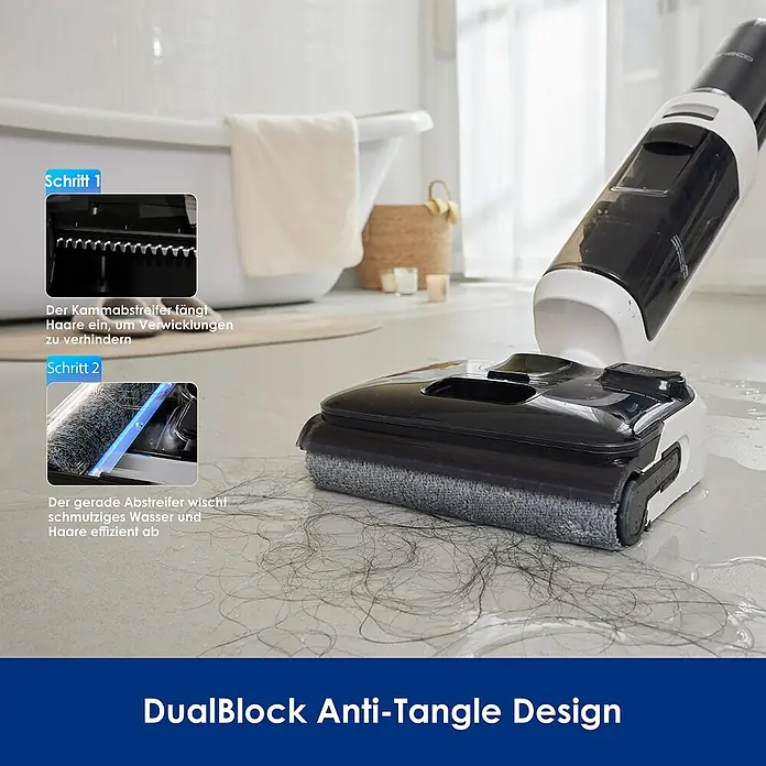 Tineco Akku-Nass-Trockensauger FLOOR ONE Switch S6 Stretch Plus - Saugkraft: 21.000 Pa, Akkulaufzeit: 40 min - 65 min, Wassertankvolumen: 0,8 l - Bild einer Akku-Nass-Trockensauger mit DualBlock Anti-Tangle Design, das Haare und Schmutzwasser effizient entfernt, um Verwicklungen zu verhindern.