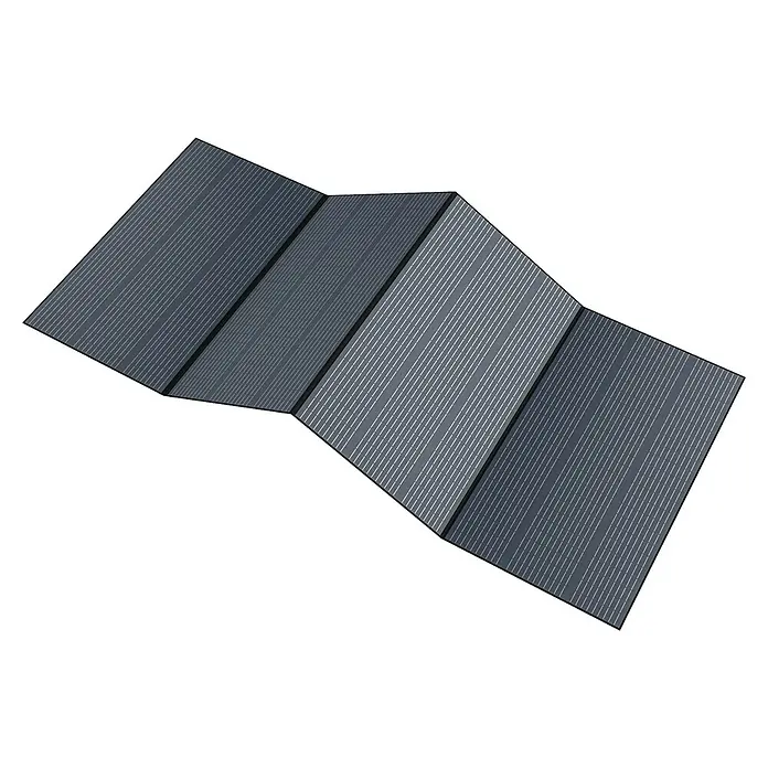 Bluetti Solarmodul PV350 - 2.400 x 905 x 15 mm - Ansicht von vier rechteckigen, grau gefärbten Solarmodulen mit dünnen, weißen Linien auf einem schwarzen Hintergrund.