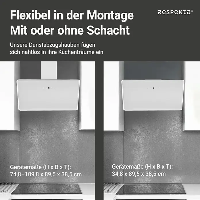 Respekta Schräghaube Lora - Breite: 89,5 cm, Weiß - Zwei Respekta® Dunstabzugshauben. Eine mit Schacht (74,8-109,8 x 89,5 x 38,5 cm) und eine ohne (34,8 x 89,5 x 38,5 cm).