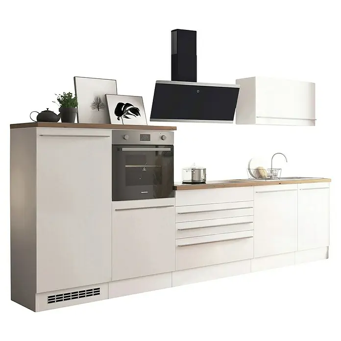 Respekta Küchenzeile Gabriel - Breite: 320 cm, Weiß-Hochglanz, Mit Elektrogeräten - Bild einer modernen weißen Küche mit Backofen und Dunstabzugshaube, die ein elegantes und funktionales Design aufweist.