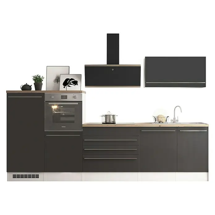 Respekta Küchenzeile Gabriel - Breite: 320 cm, Grau-Hochglanz, Mit Elektrogeräten - Küchendesign mit Einbaubackofen, Dunstabzugshaube und grauen Schränken. Moderner Stil mit klaren Linien und Holz-Arbeitsplatte.