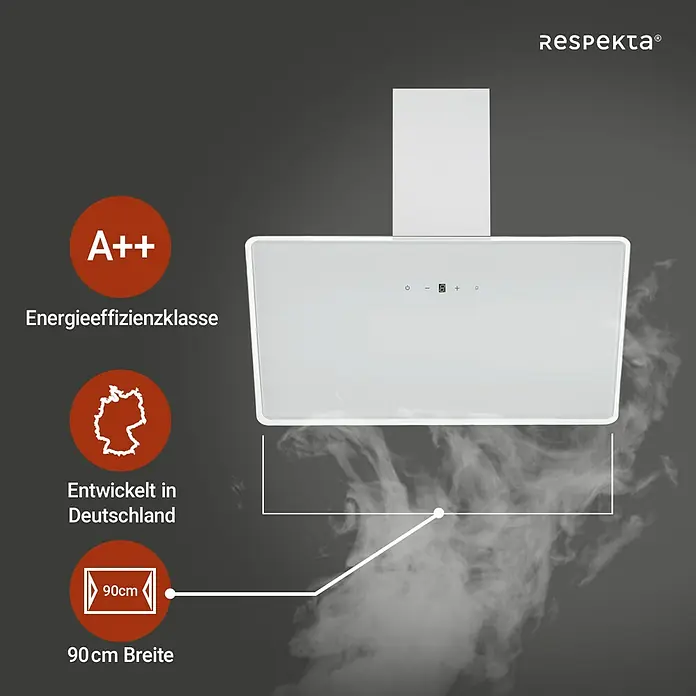 Respekta Schräghaube Lora - Breite: 89,5 cm, Weiß - Eine Respekta Dunstabzugshaube mit Energieeffizienzklasse A++, entwickelt in Deutschland und 90cm Breite.