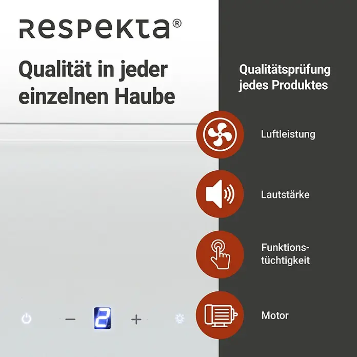 Respekta Schräghaube Lora - Breite: 89,5 cm, Weiß - Das Bild zeigt eine RESPEKTA Dunstabzugshaube mit Fokus auf Qualitätsmerkmale wie Luftleistung, Lautstärke und Funktionalität.