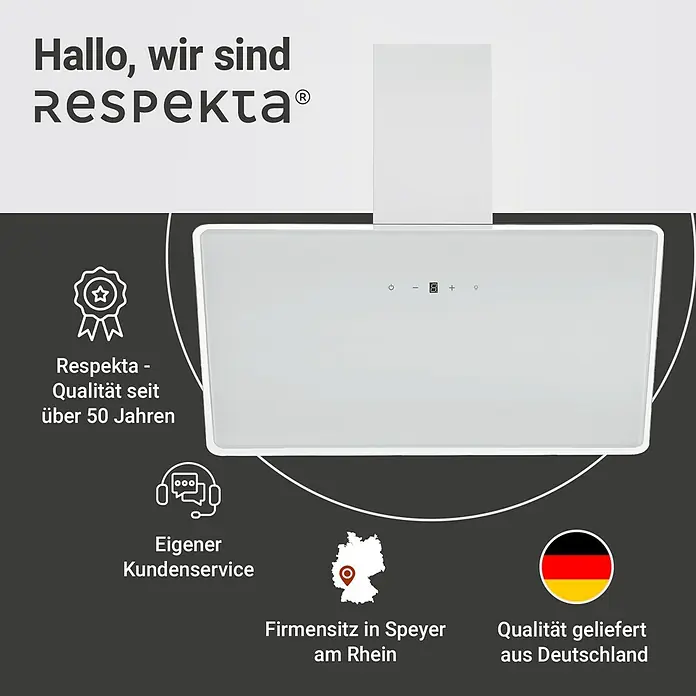Respekta Schräghaube Lora - Breite: 89,5 cm, Weiß - Produktabbildung der Dunstabzugshaube von Respekta, die für ihre Qualität seit über 50 Jahren bekannt ist, mit Firmensitz in Speyer am Rhein.