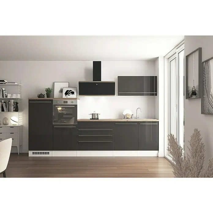 Respekta Küchenzeile Gabriel - Breite: 320 cm, Grau-Hochglanz, Mit Elektrogeräten - Elegantes Küchendesign mit modernen, grauen Schränken und einer stilvollen Dunstabzugshaube, perfekt für ein modernes Zuhause.