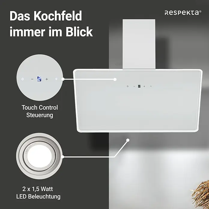 Respekta Schräghaube Lora - Breite: 89,5 cm, Weiß - Das Bild zeigt eine moderne, weiße Respekta Dunstabzugshaube mit Touch-Control-Steuerung und LED-Beleuchtung, ideal für jede Küche.