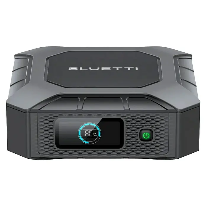 Bluetti Stromerzeuger X20 Power Bank für Laptop -  - Das Bild zeigt ein Bluetti Kraftwerk mit einem Display, das einen Ladestand von 80 % anzeigt. Kompaktes und robustes Design für den mobilen Einsatz.