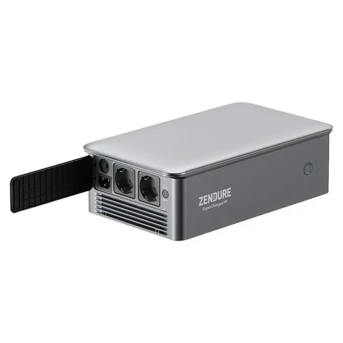 Zendure Powerstation SolarFlow ACE 1500 - 1.500 W - Abbildung einer Zendure Supercharged Go Powerstation in Silber mit geöffneter Abdeckung, die Anschlüsse freigibt.