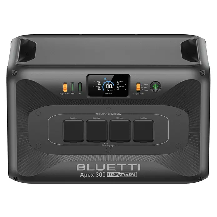 Bluetti Powerstation Apex 300 - 2.764,8 Wh, Schwarz - Ansicht eines Bluetti Apex 300 Solargenerators, einer tragbaren Stromquelle mit mehreren Ausgängen und einem digitalen Display.
