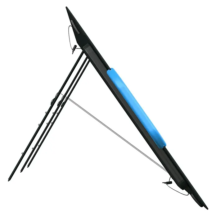 Bluetti Solarmodul PV200 - L x B x H: 2.265 x 590 x 15 mm - Eine Nahaufnahme eines modernen, zusammenklappbaren Laptop-Ständers mit blauem Polster, ideal für ergonomisches Arbeiten unterwegs.