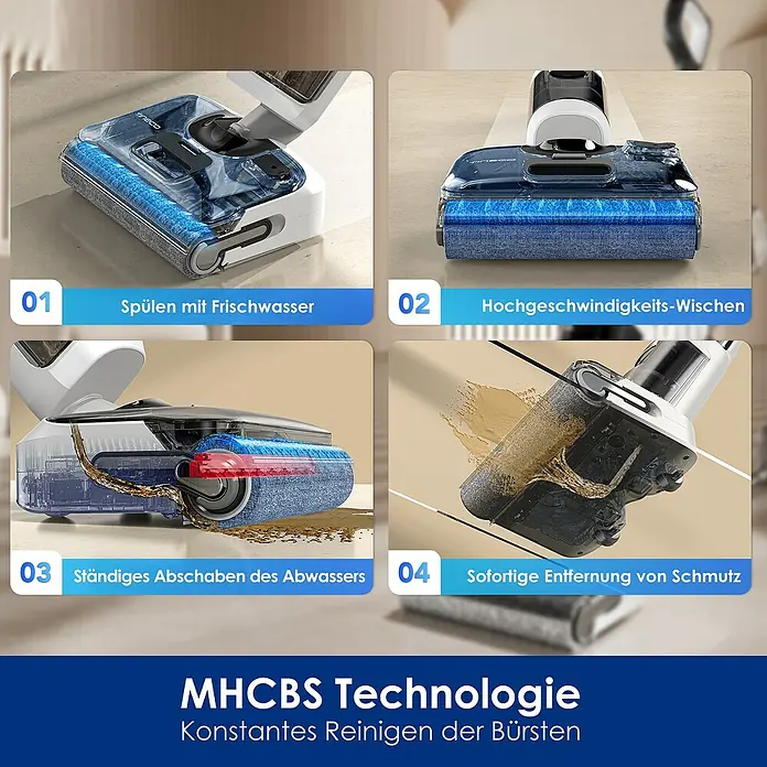 Tineco Akku-Nass-Trockensauger FLOOR ONE S5 Stretch Extreme - Saugkraft: 18.000 Pa, Akkulaufzeit: 40 min, Wassertankvolumen: 0,8 l - Bild zeigt die Reinigungsfunktionen des MHCBS-Technologie-Produkts.