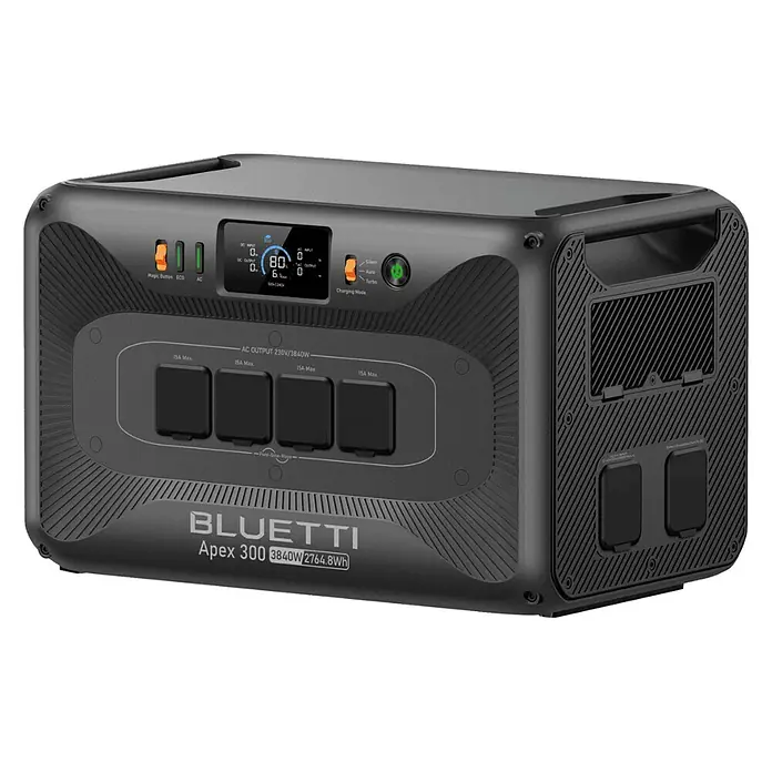 Bluetti Powerstation Apex 300 - 2.764,8 Wh, Schwarz - Ansicht des tragbaren Bluetti Apex 300-Kraftwerks mit mehreren Steckdosen und Bedienelementen.