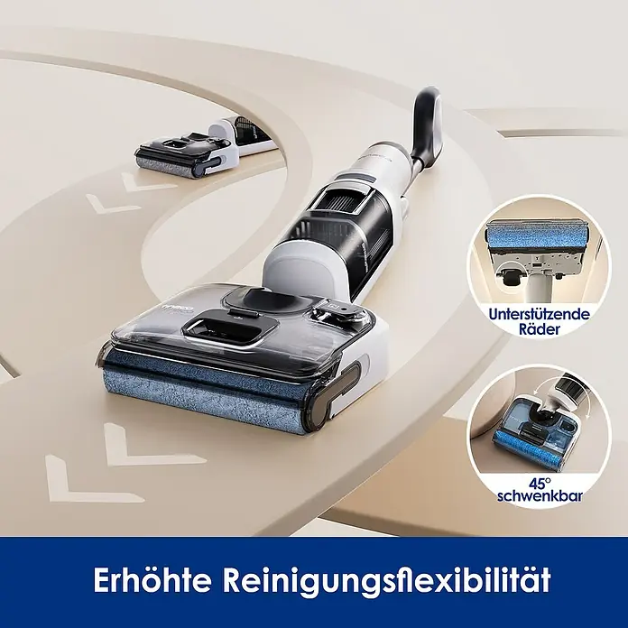 Tineco Akku-Nass-Trockensauger FLOOR ONE S5 Stretch Extreme - Saugkraft: 18.000 Pa, Akkulaufzeit: 40 min, Wassertankvolumen: 0,8 l - Der Wischsauger mit flexibler Reinigungsleistung demonstriert seine Wendigkeit auf einer beigen Oberfläche.