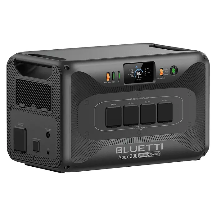 Bluetti Powerstation Apex 300 - 2.764,8 Wh, Schwarz - Ein tragbarer BLUETTI Apex 300 Stromgenerator mit 3840W Leistung und 2764.8Wh Kapazität, ideal für netzunabhängige Stromversorgung.