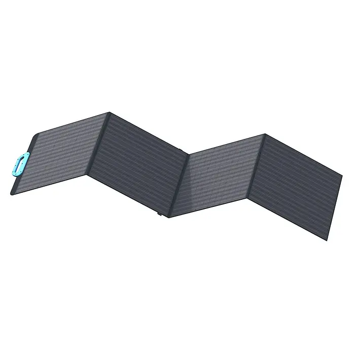 Bluetti Solarmodul PV200 - L x B x H: 2.265 x 590 x 15 mm - Zickzackförmiges graues Solarpanel mit hellblauem Griff, ideal für netzunabhängige Stromversorgung und mobile Anwendungen.