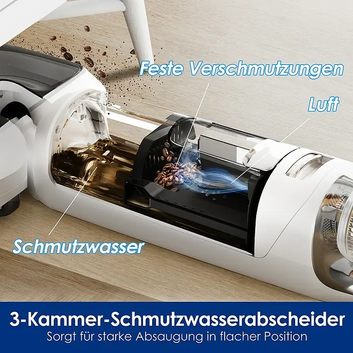 Tineco Akku-Nass-Trockensauger FLOOR ONE S5 Stretch Extreme - Saugkraft: 18.000 Pa, Akkulaufzeit: 40 min, Wassertankvolumen: 0,8 l - Nahaufnahme des 3-Kammer-Schmutzwasserabscheiders eines Staubsaugers, der feste Verschmutzungen und Schmutzwasser trennt.