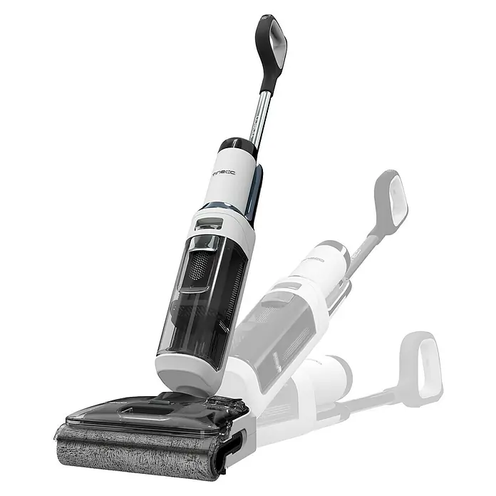 Tineco Akku-Nass-Trockensauger FLOOR ONE S5 Stretch Extreme - Saugkraft: 18.000 Pa, Akkulaufzeit: 40 min, Wassertankvolumen: 0,8 l - Produktbild eines Nass-Trockensaugers mit Moppaufsatz. Er ist weiß und schwarz und steht vor einem verschwommenen Hintergrund.