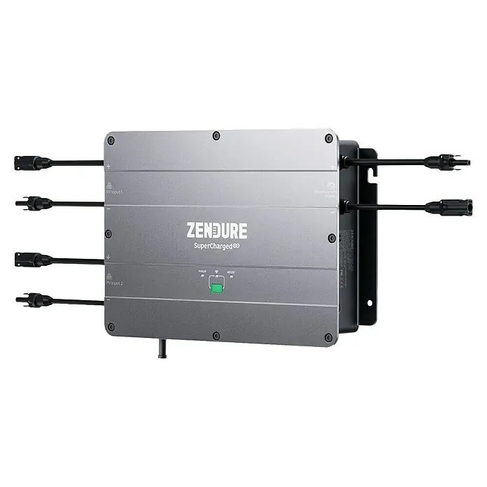 Zendure Wechselrichter SolarFlow Hub 2000 - Leistung: 2.400 W - Produktbild eines Zendure SuperCharged Solar-Wechselrichters mit Anschlüssen für Solarmodule, ideal für erneuerbare Energien.