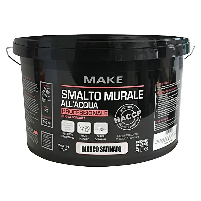 Make Esmalte de color para pared al agua - 9 l, Satinado - Imagen de un cubo de pintura negro de Make etiquetado como "Smalto Murale All'Acqua Professionale Bianco Satinato 9Le".