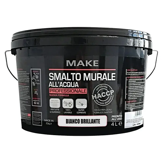 Make Esmalte de color para pared al agua - 4 l, Brillante - Imagen de un cubo negro MAKE con pintura de pared "Smalto Murale All'Acqua Professionale", con letras blancas y varios símbolos.