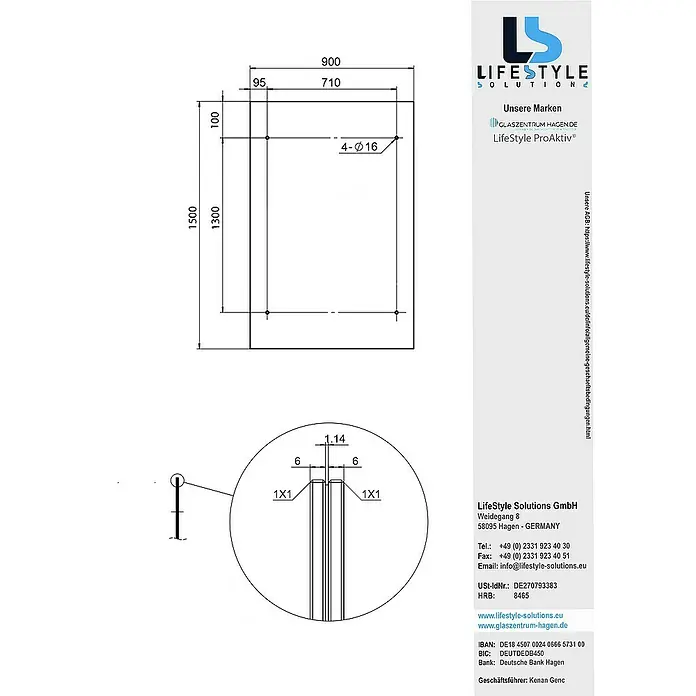 Glaszentrum Hagen Vordach - 150 x 90 x 25 cm, Silber - Technische Zeichnung eines LifeStyle ProAktiv® Glasprodukts mit Abmessungen, Bohrungen und Details zur Rahmenkonstruktion.
