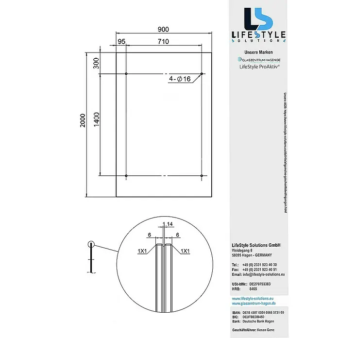 Glaszentrum Hagen Vordach - 200 x 90 x 75 cm - Technische Zeichnung eines LifeStyle Solution Produkts mit Maßen und Details zur Konstruktion, einschließlich Befestigungsdetails.