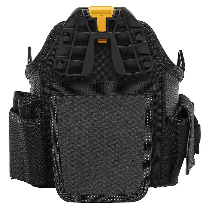 ToughBuilt ClipTech Bolsa para herramientas - Ancho: 140 mm, Poliéster, Con correa - Primer plano de una bolsa de herramientas negra con detalles amarillos y múltiples compartimentos, ideal para artesanos.