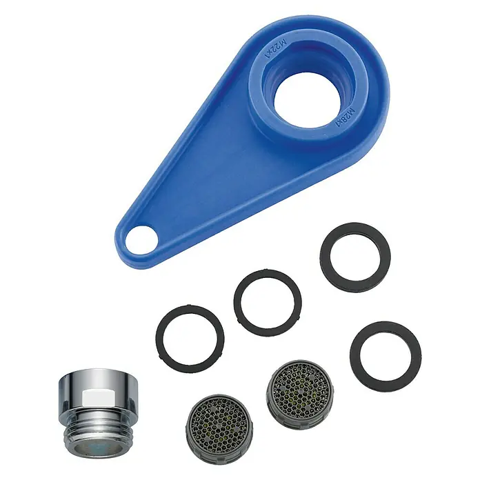 Neoperl Wasserspar-Set PL HC - 8 -tlg. - Ein Set mit einem blauen Montageschlüssel, einem Wasserhahn-Strahlregler und mehreren Dichtungsringen.