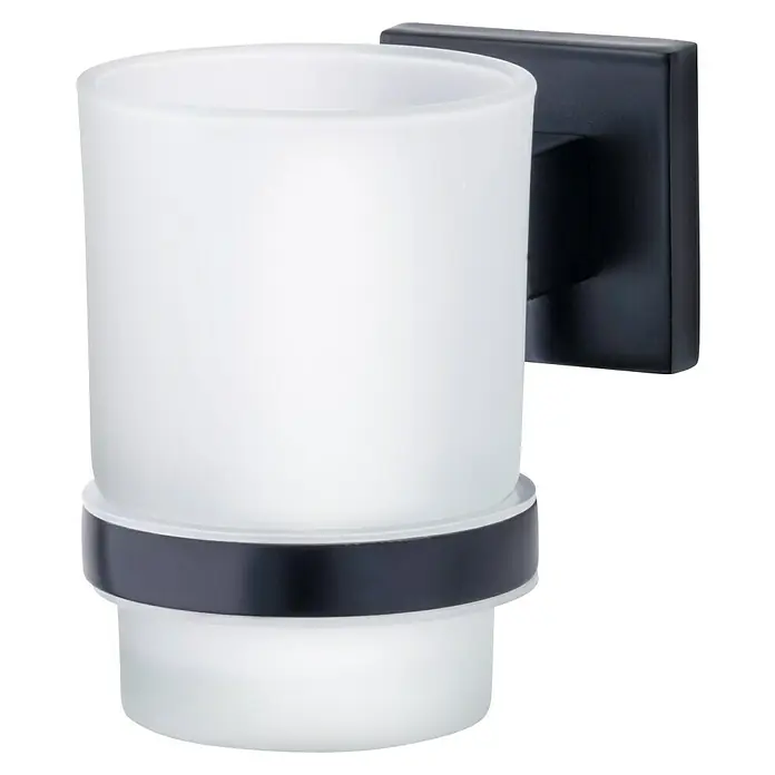 Fackelmann New York Glashalter - Schwarz, Metall - Ein stilvoller, mattierter Glas-Zahnputzbecher mit einer modernen, schwarzen Halterung zur Wandmontage.