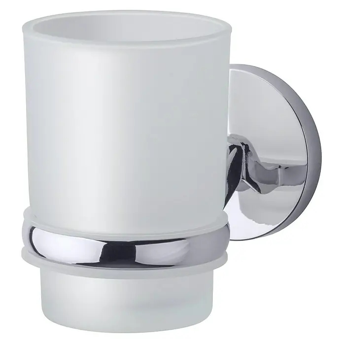 Fackelmann Vision Zahnputzbecher - Metall, Chrom - Zahnputzbecher aus mattiertem Glas mit glänzendem Chrom-Wandhalter für Badezimmer-Accessoires.