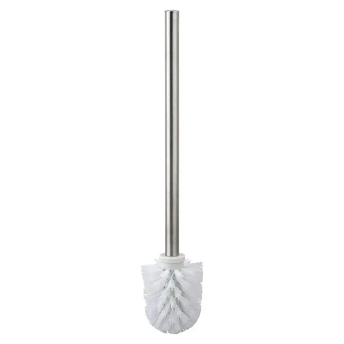 Fackelmann Fusion Ersatzbürste - 75 x 375 mm, Metall, Weiß - Eine Nahaufnahme einer WC-Bürste mit einem schlanken, silbernen Griff und weißen Borsten, die auf einem schwarzen Hintergrund isoliert ist.