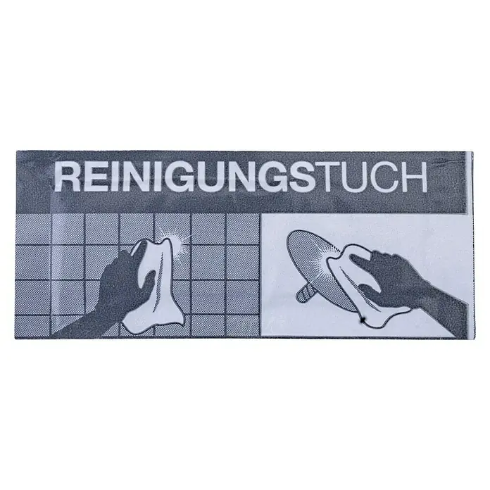 Fackelmann Montagekleber - 11 g - Reinigungstuch-Anleitung. Zwei Hände reinigen eine geflieste Oberfläche und ein Gerät.