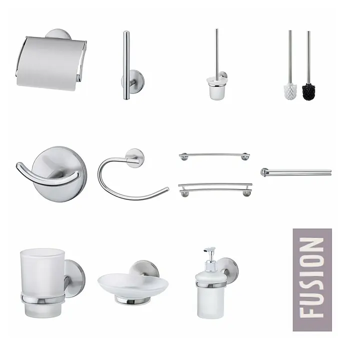 Fackelmann Fusion Seifenschale - Metall, Silber - Abbildung des Fusion Badezimmerzubehör-Sets mit Seifenspender, Toilettenbürste, Papierhalter und Handtuchhaltern.