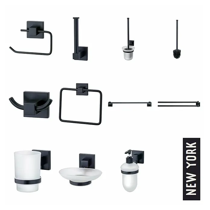 Fackelmann New York Glashalter - Schwarz, Metall - Schwarzes Badezimmer-Accessoire-Set "New York" mit Seifenspender, Handtuchhalter und Toilettenpapierhalter für stilvolle Badezimmer.