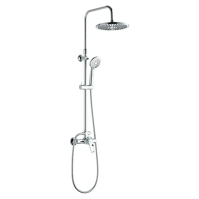 Plato de ducha Deva mampara y sistema de ducha Astro - L x An: 120 x 70 cm, Materiales naturales, Blanco, 3 pzs. - Columna de ducha con rociador y teleducha, y accesorio. Aspecto cromado brillante. Diseño de baño moderno para una ducha de lujo.