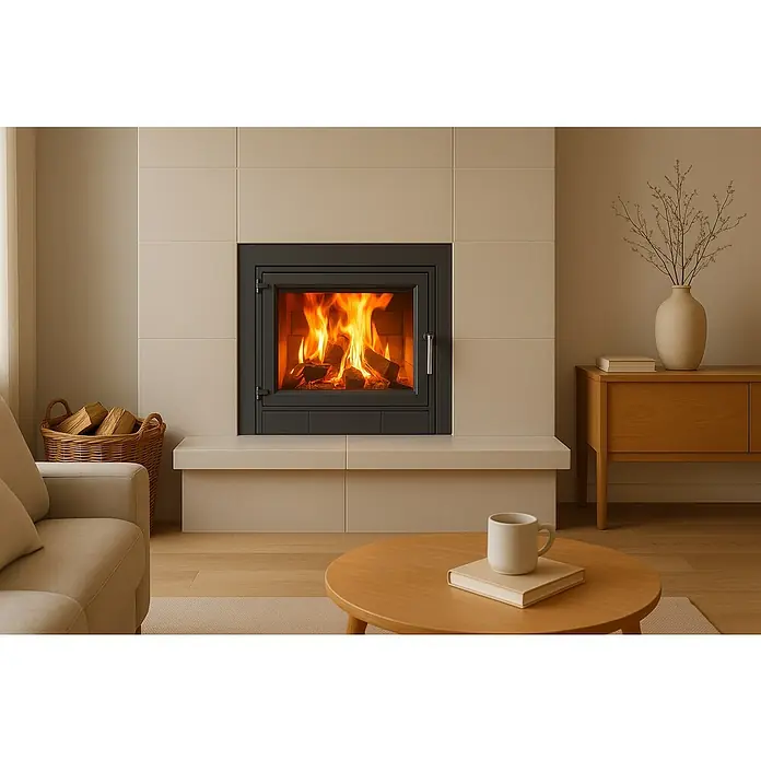 Hogar Iron 60 - L x An x Al: 38,8 x 60 x 64,5 cm, 9 kW, 180 m³, Antracita - Acogedora sala de estar con fuego crepitante en la chimenea, junto a una mesa con una taza encima y un sofá.