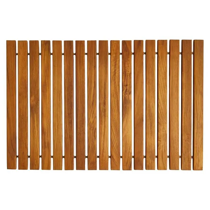 Alfombrilla de baño Teca - 40 x 60 cm, Teca - Panel de madera de teca con lamas delgadas y verticales con finas separaciones, ideal para interiores modernos.